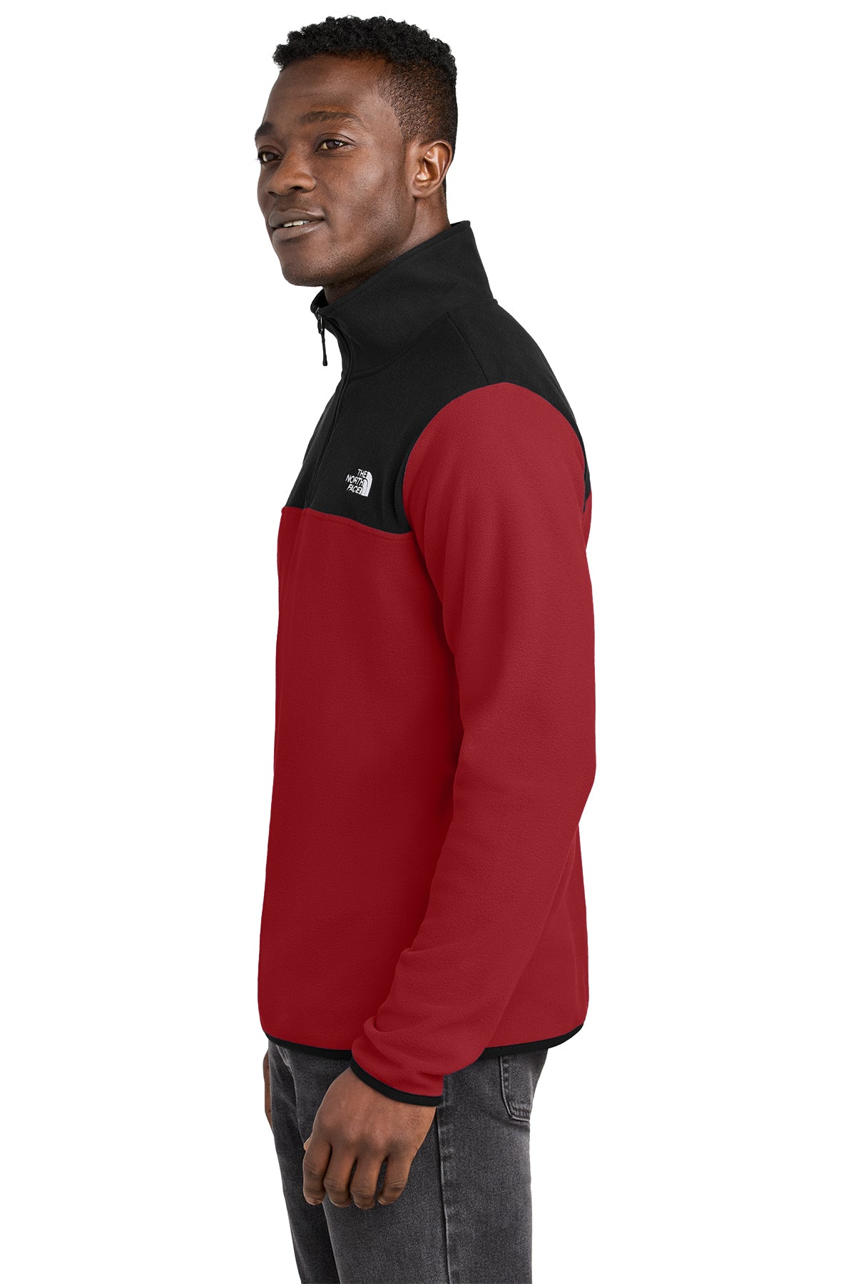 The North Face Glacier 1/4-Zip Fleece in Rage Red/ TNF Black, side on model