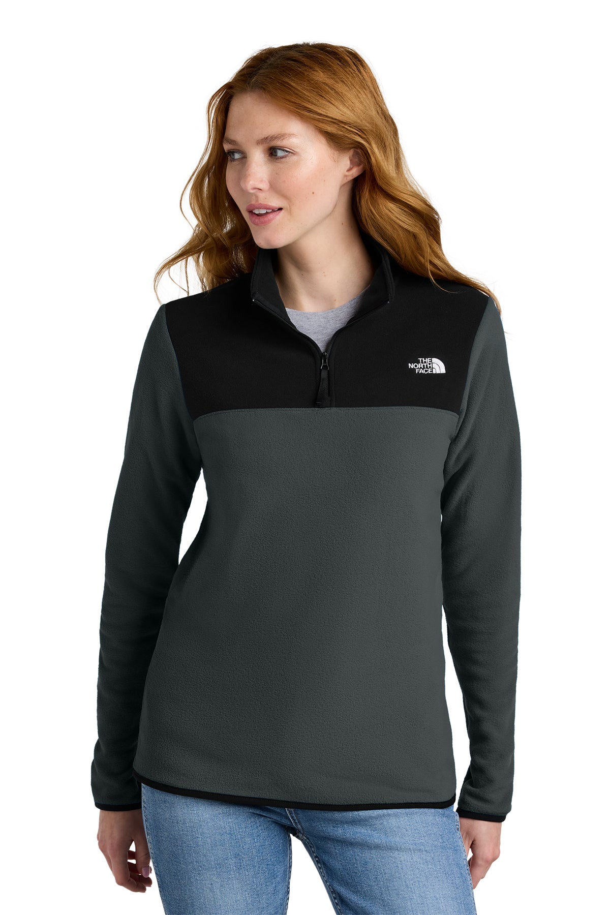 The North Face Women's Glacier 1/4-Zip Fleece in Asphalt Grey/ TNF Black, front on model