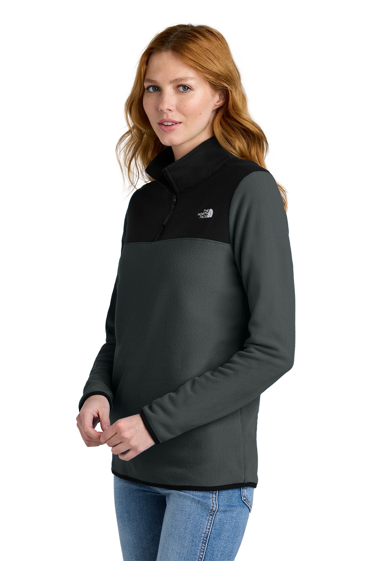The North Face Women's Glacier 1/4-Zip Fleece in Asphalt Grey/ TNF Black, side on model