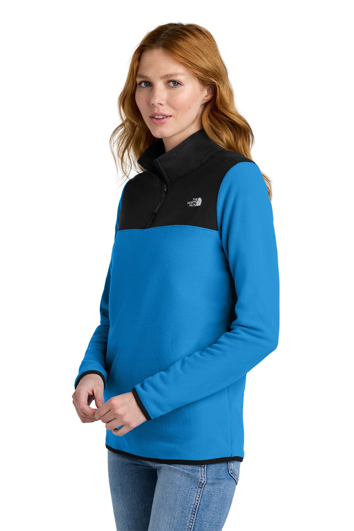 The North Face Women's Glacier 1/4-Zip Fleece in Hero Blue/ TNF Black, side on model