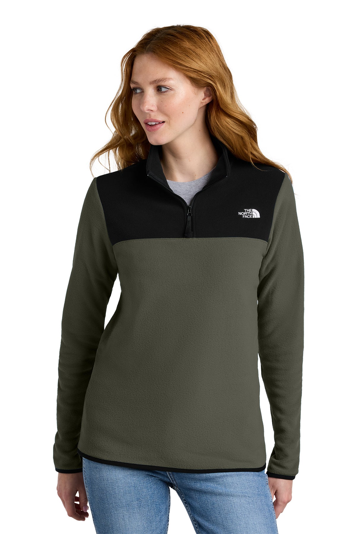 The North Face Women's Glacier 1/4-Zip Fleece in New Taupe Green/ TNF Black, front on model