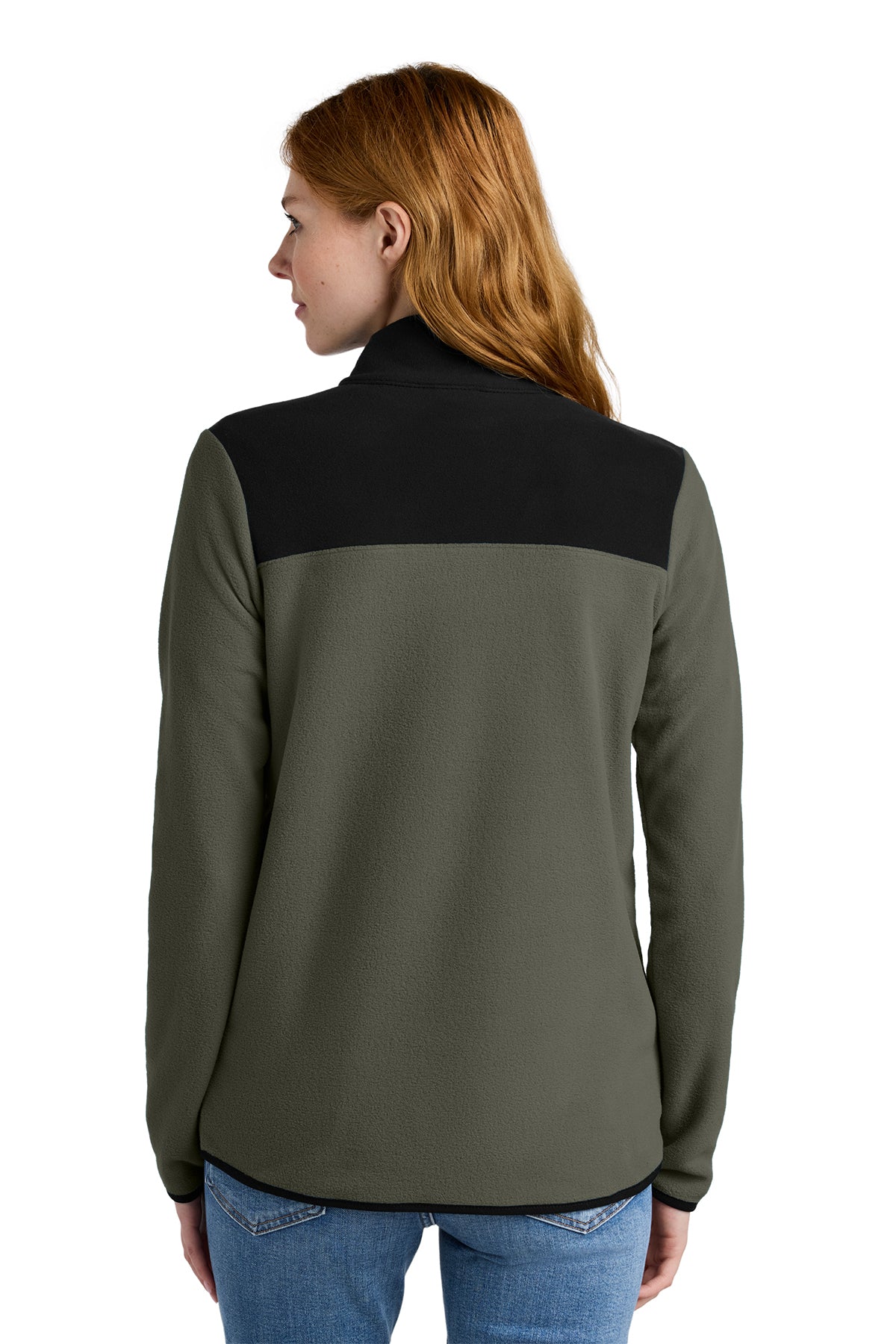 The North Face Women's Glacier 1/4-Zip Fleece in New Taupe Green/ TNF Black, back on model