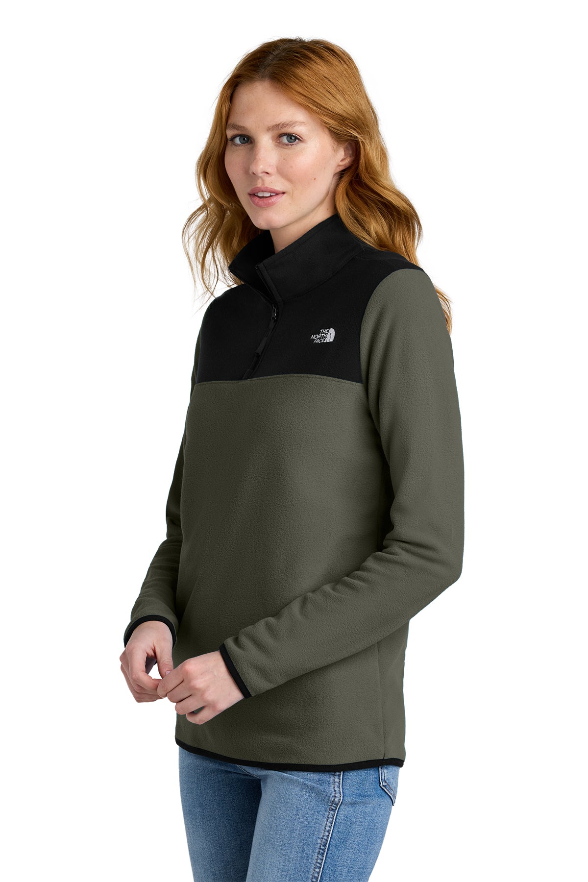 The North Face Women's Glacier 1/4-Zip Fleece in New Taupe Green/ TNF Black, side on model