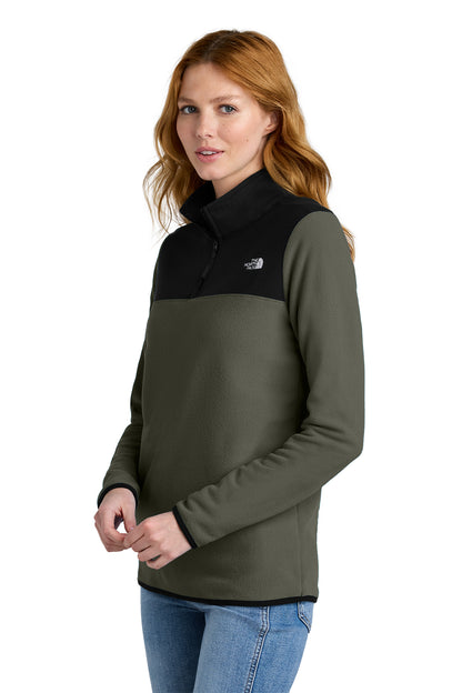 The North Face Women's Glacier 1/4-Zip Fleece in New Taupe Green/ TNF Black, side on model