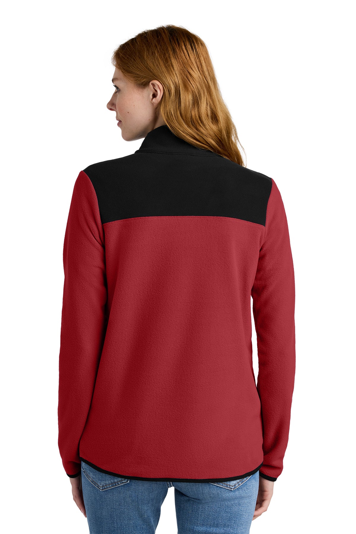 The North Face Women's Glacier 1/4-Zip Fleece in Rage Red / TNF Black, back on model