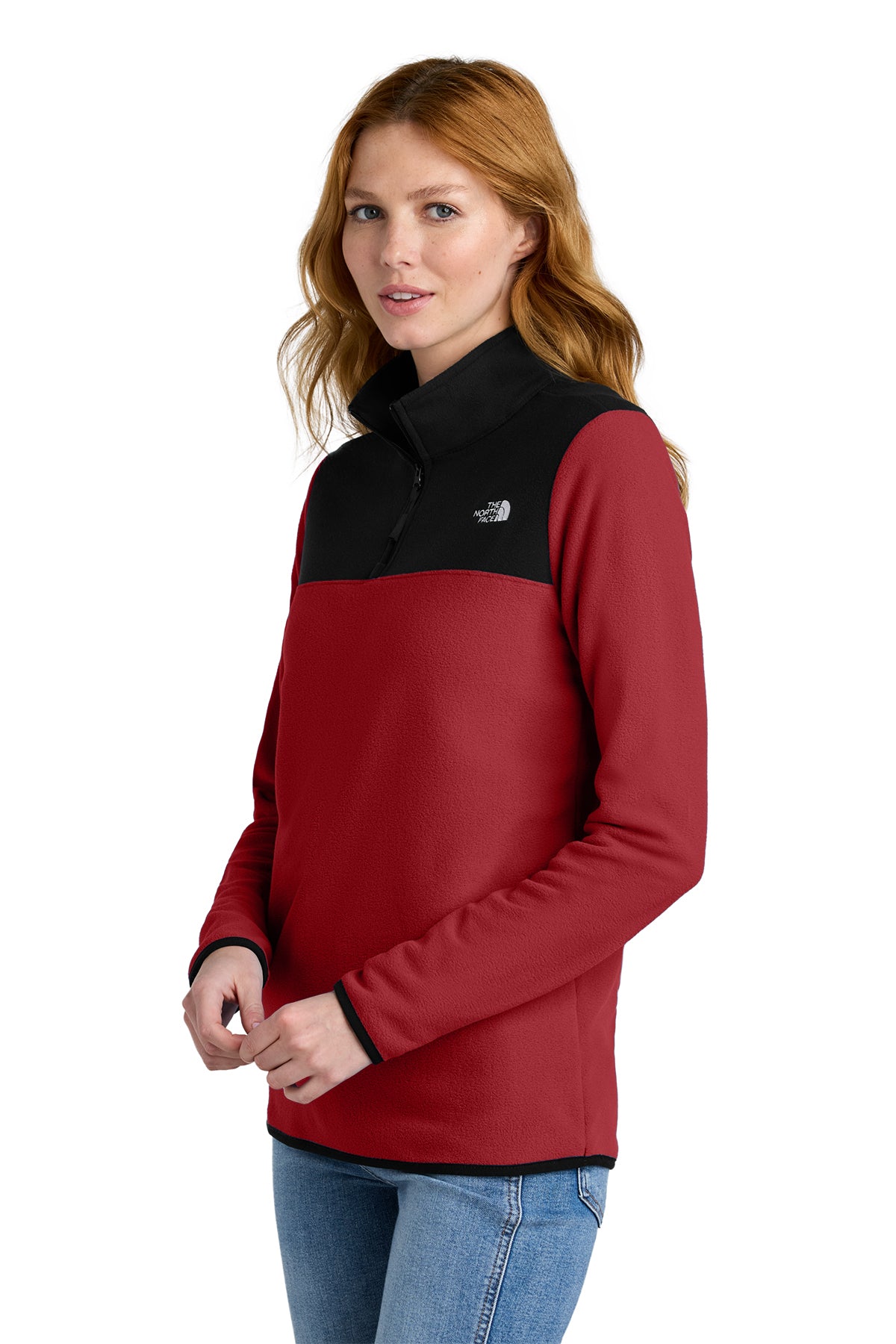 The North Face Women's Glacier 1/4-Zip Fleece in Rage Red / TNF Black, side on model