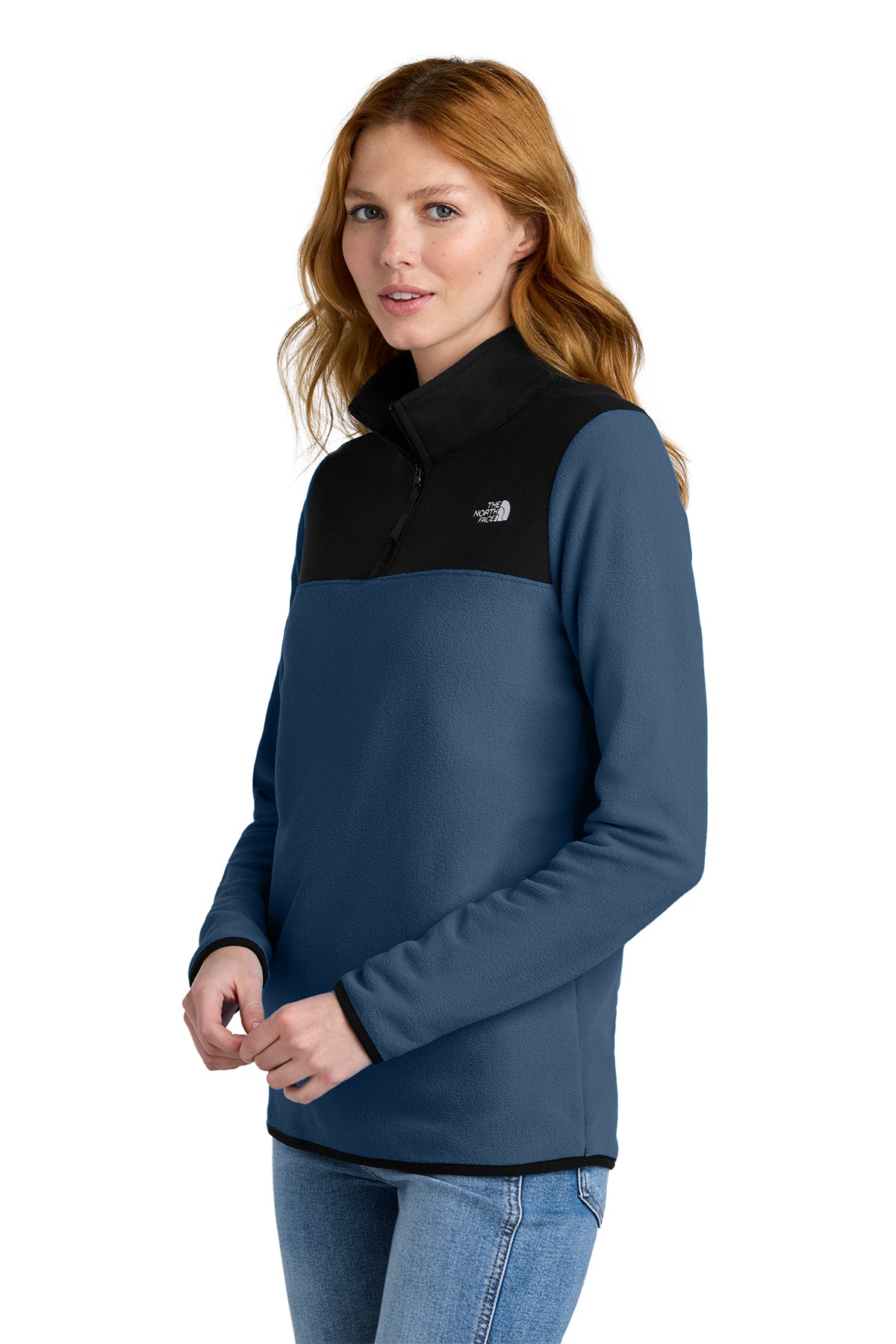 The North Face Women's Glacier 1/4-Zip Fleece in Shady Blue/ TNF Black, side on model
