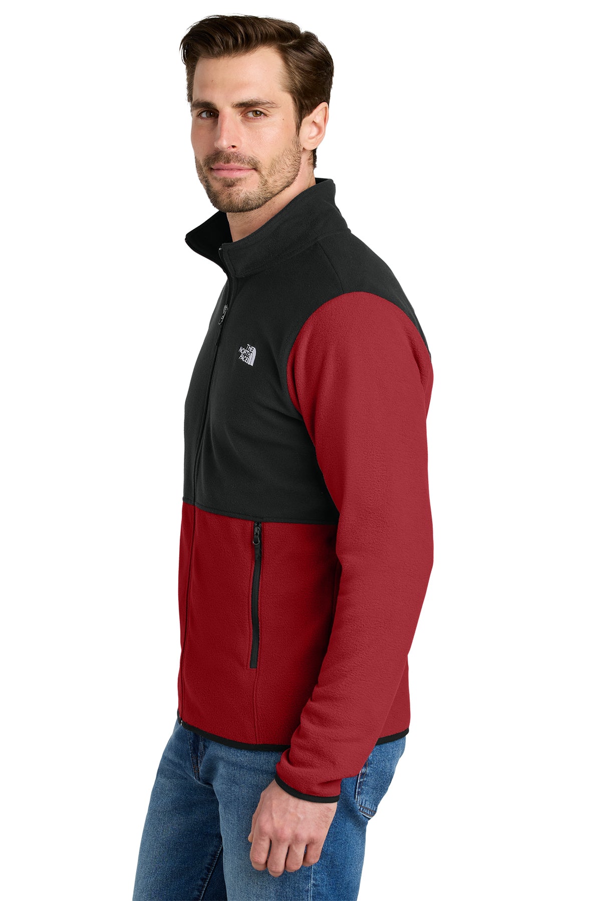 The North Face Glacier Full-Zip Fleece Jacket in Rage Red / TNF Black, side on model