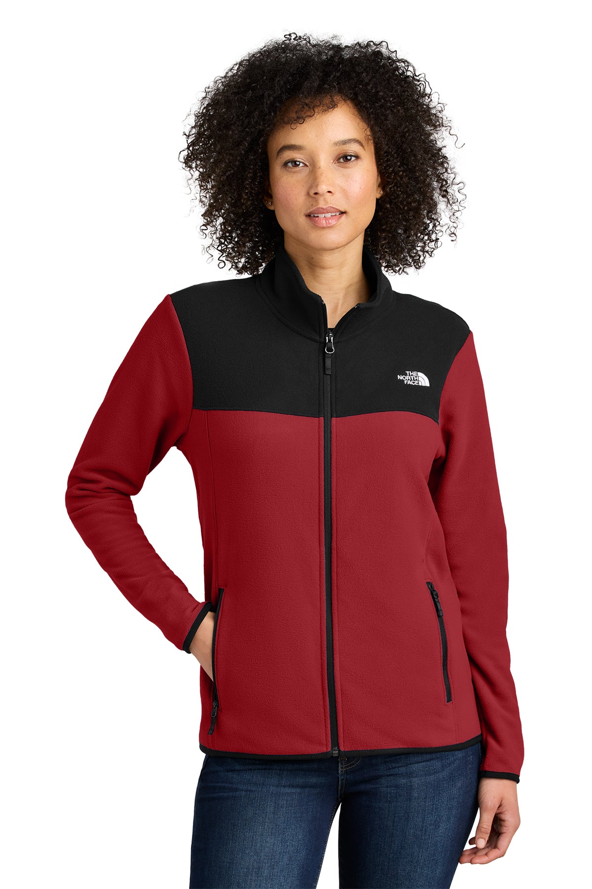 The North Face Women's Glacier Full-Zip Fleece Jacket in Rage Red / TNF Black, front on model