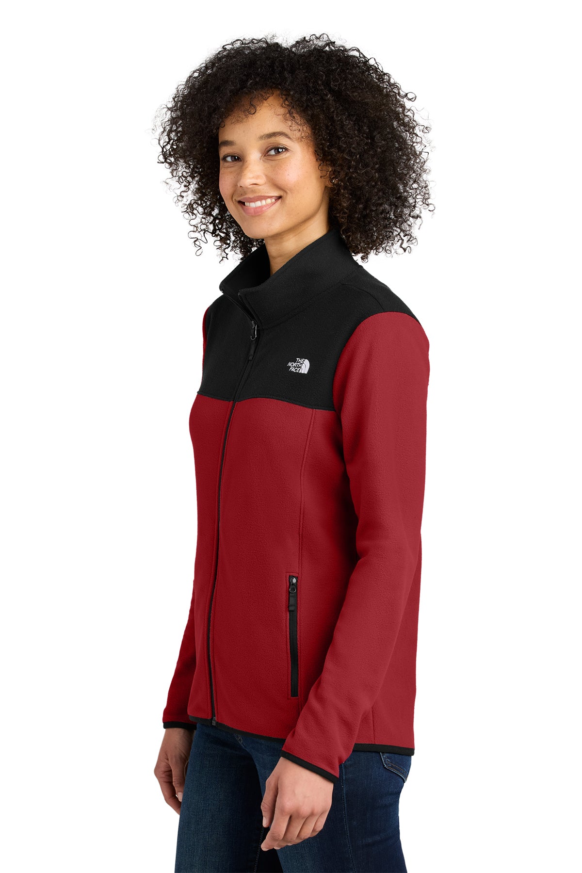 The North Face Women's Glacier Full-Zip Fleece Jacket in Rage Red / TNF Black, side on model