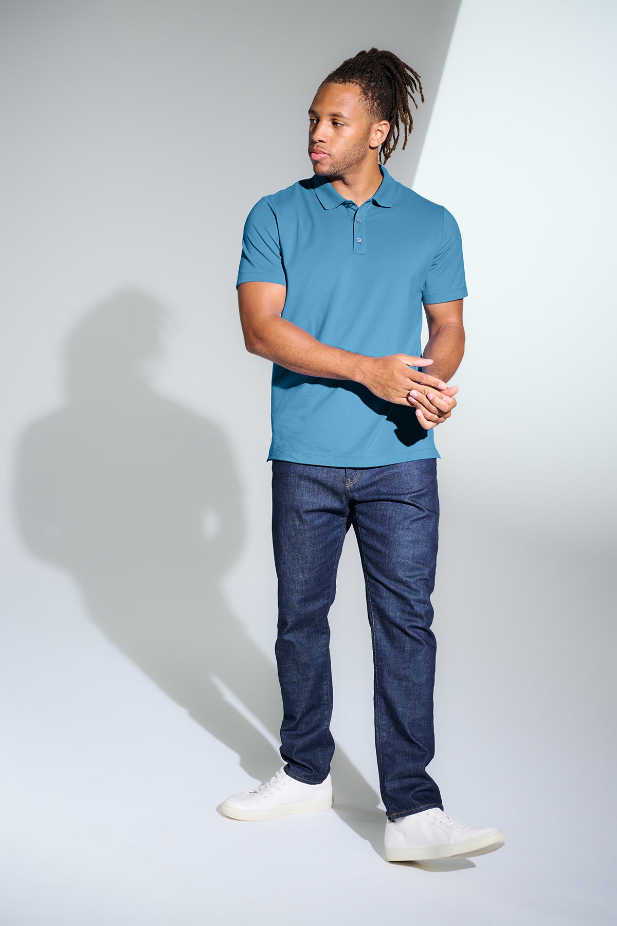 Mercer+Mettle Stretch Pique Polo in White, view on model