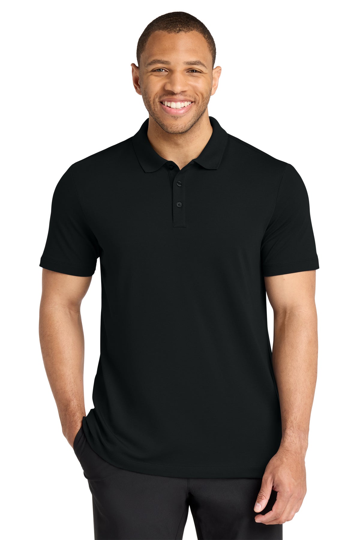 Mercer+Mettle Stretch Pique Polo in Deep Black, front on model