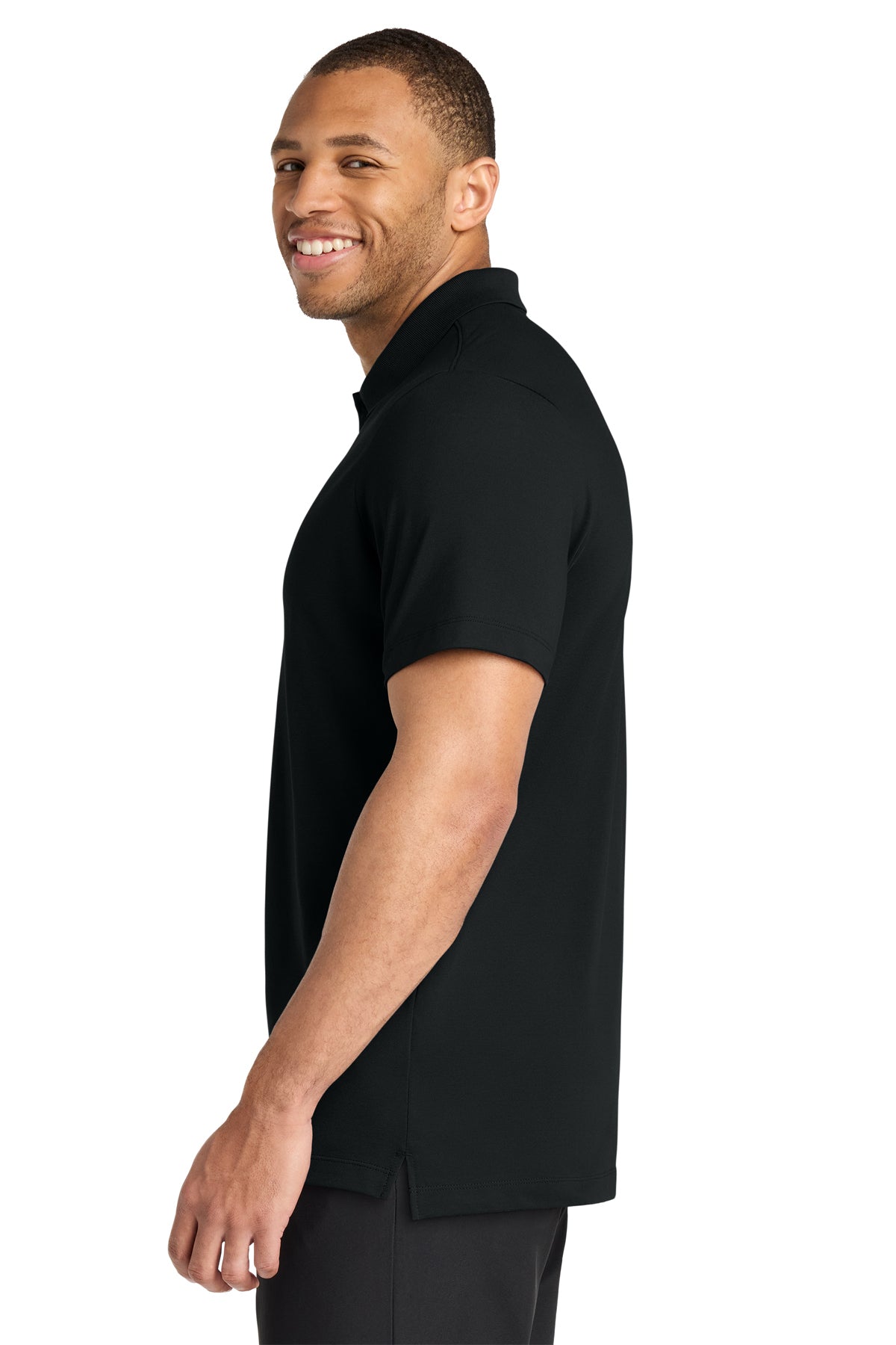 Mercer+Mettle Stretch Pique Polo in Deep Black, side on model