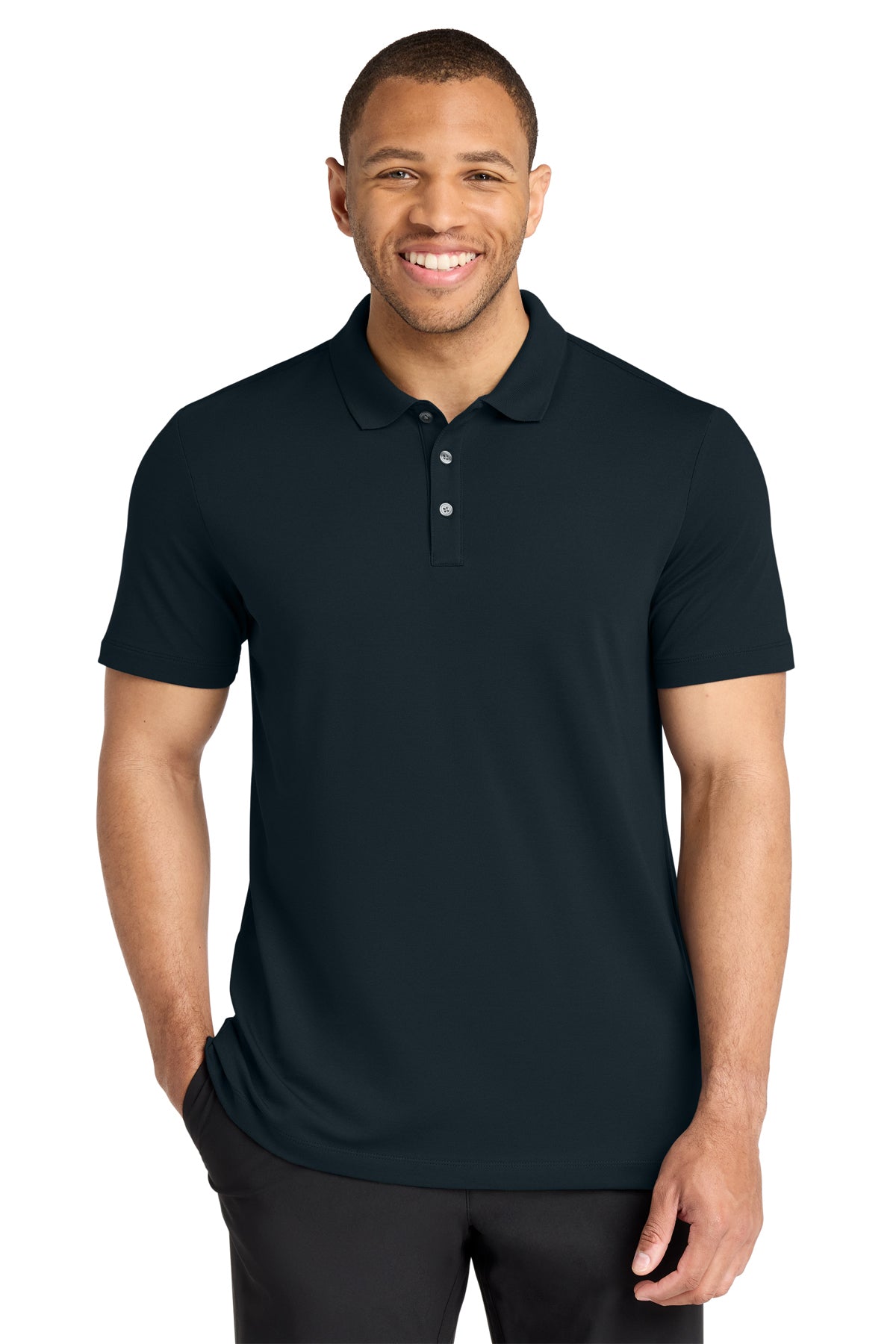 Mercer+Mettle Stretch Pique Polo in Night Navy, front on model
