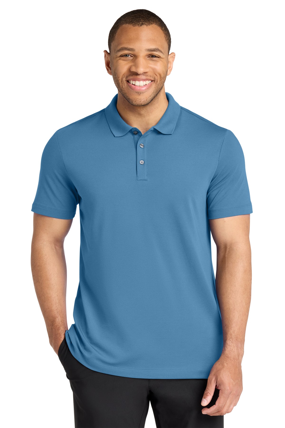 Mercer+Mettle Stretch Pique Polo in Parisian Blue, front on model