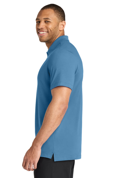 Mercer+Mettle Stretch Pique Polo in Parisian Blue, side on model