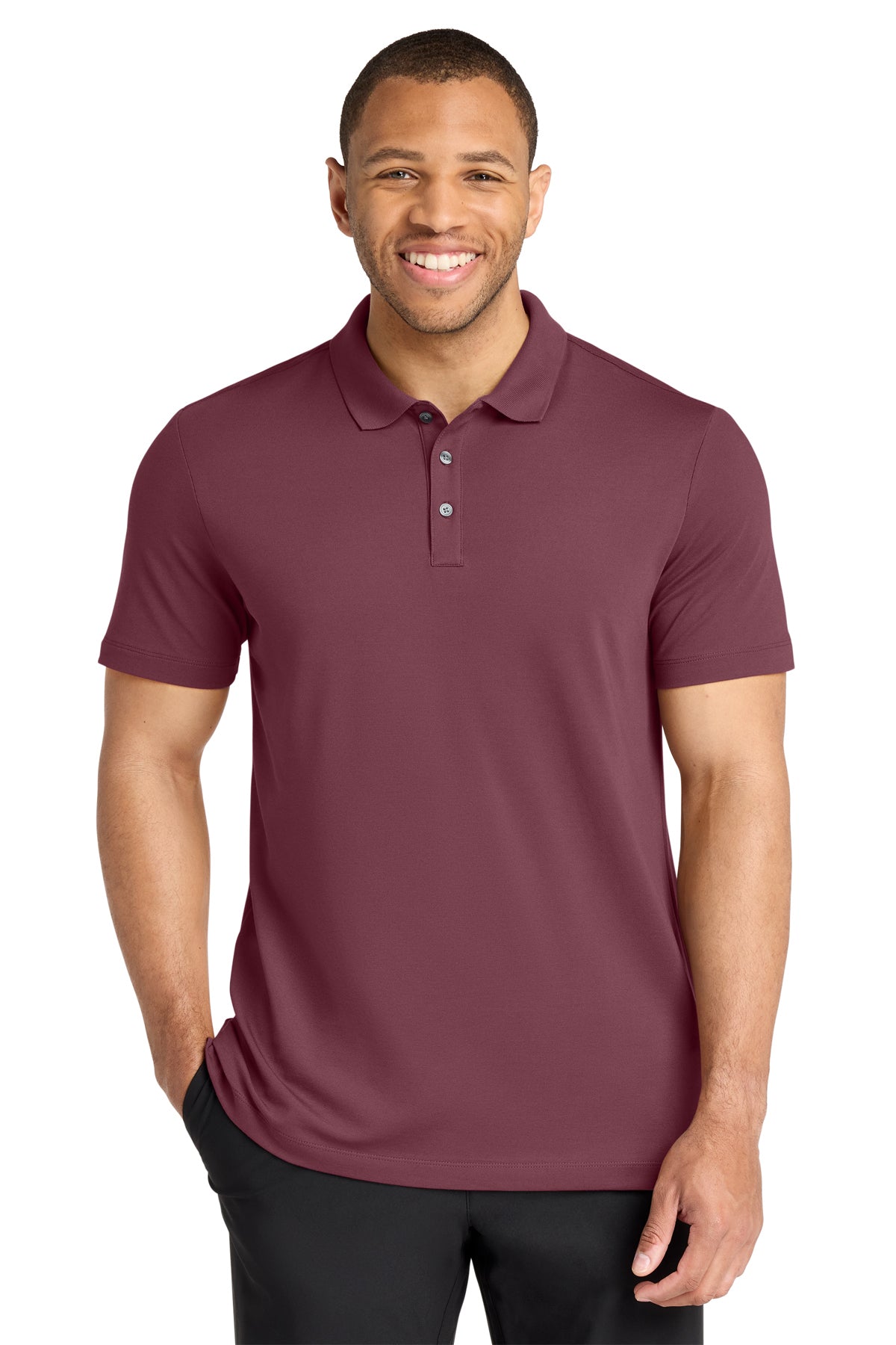 Mercer+Mettle Stretch Pique Polo in Rosewood, front on model