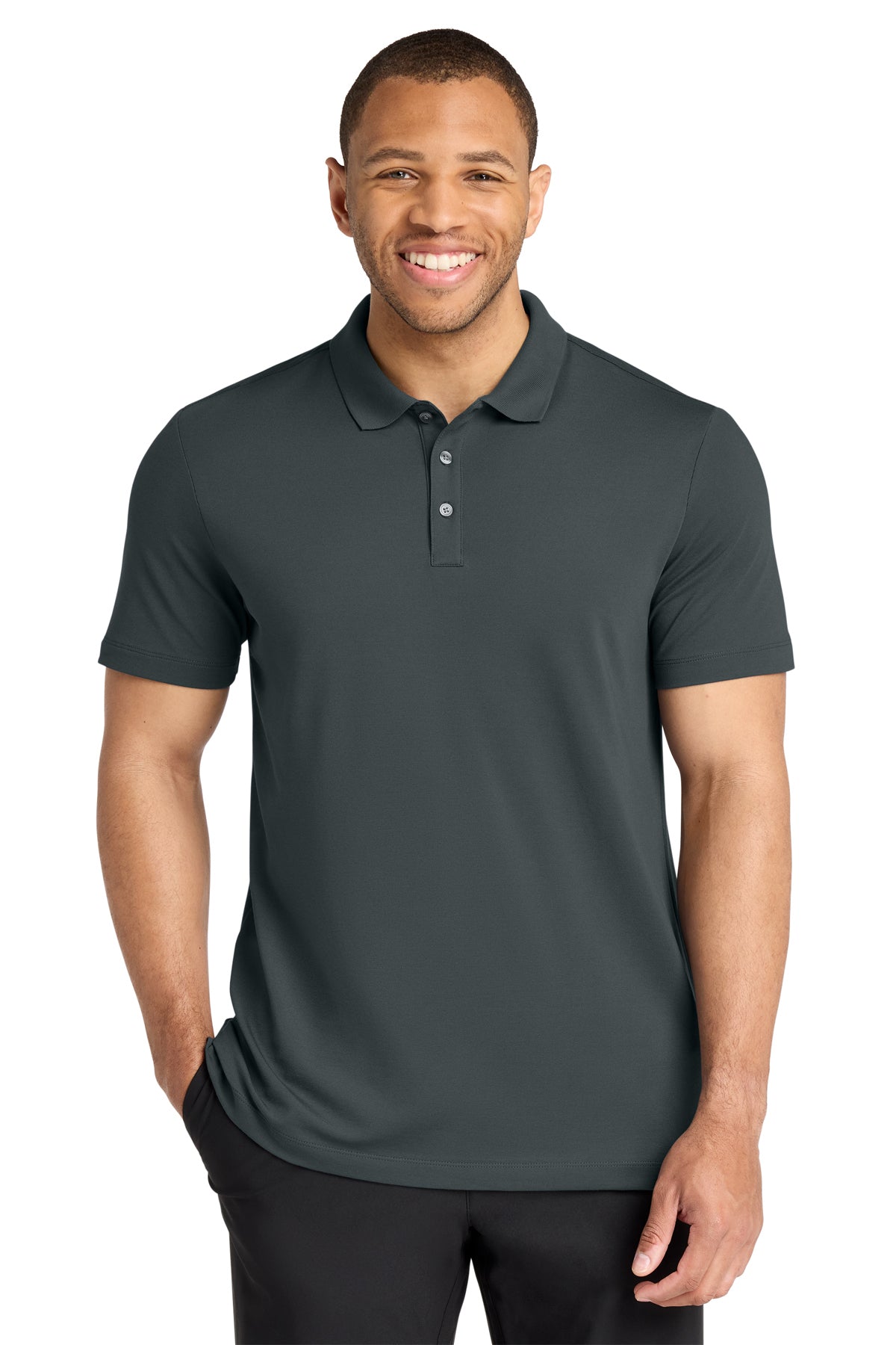 Mercer+Mettle Stretch Pique Polo in Storm Grey, front on model