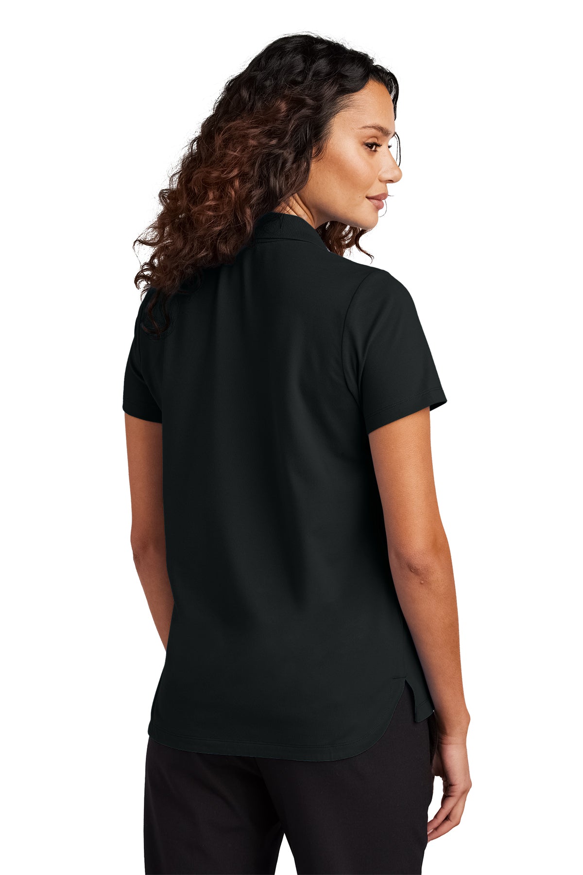 Mercer+Mettle Women’s Stretch Pique Polo in Deep Black, back on model
