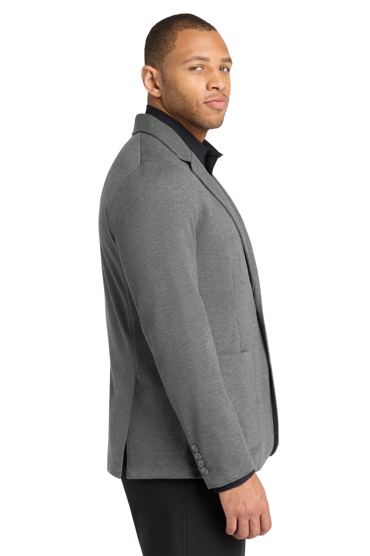 Mercer+Mettle Relaxed Knit Blazer in Storm Grey Heather, side on model