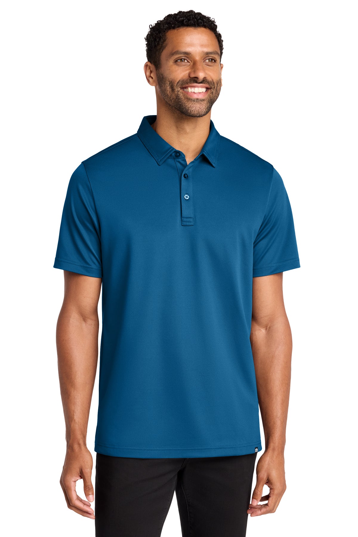 TravisMathew Cabana Solid Polo in Classic Blue, front on model
