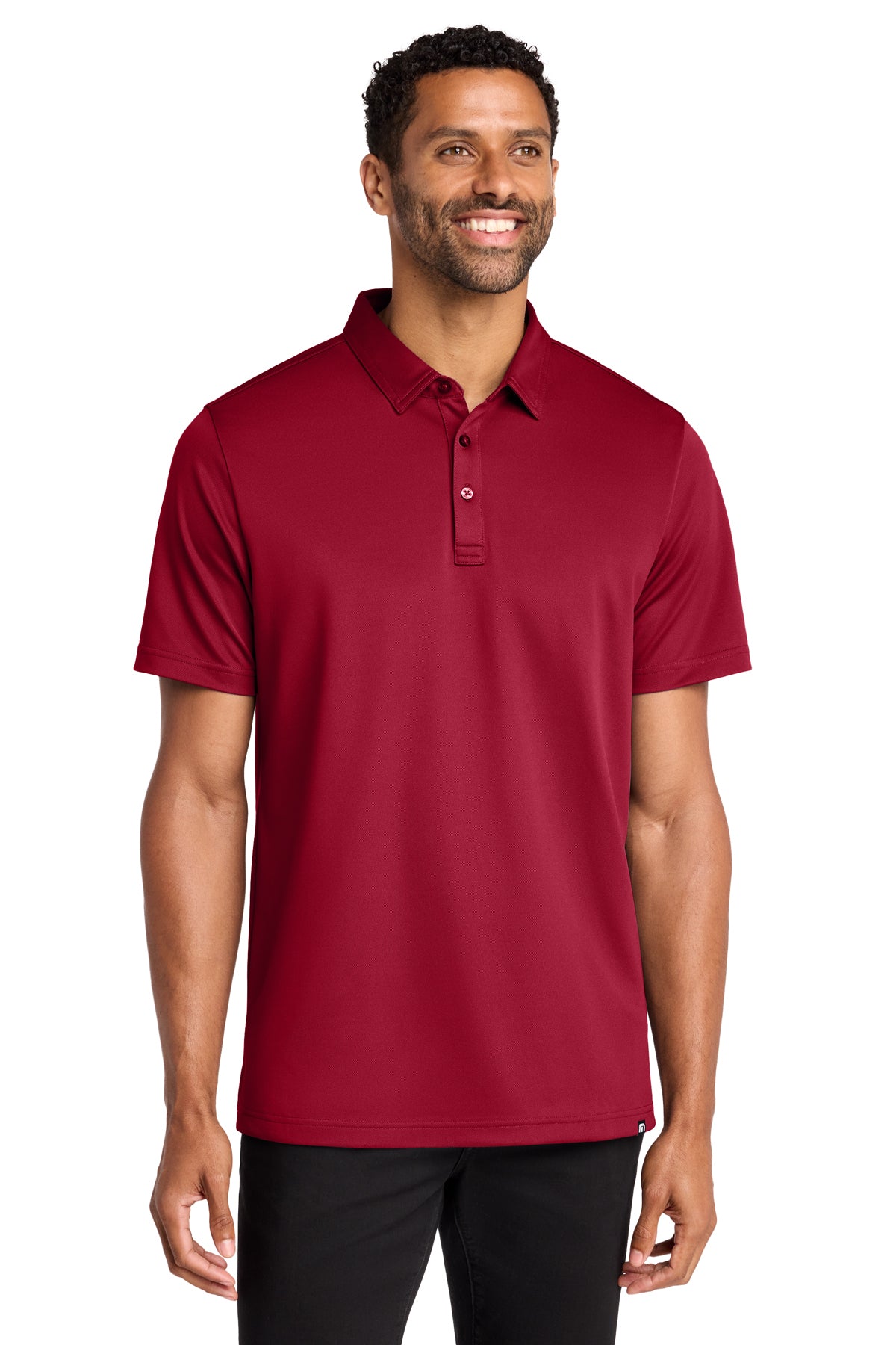 TravisMathew Cabana Solid Polo in Crimson, front on model