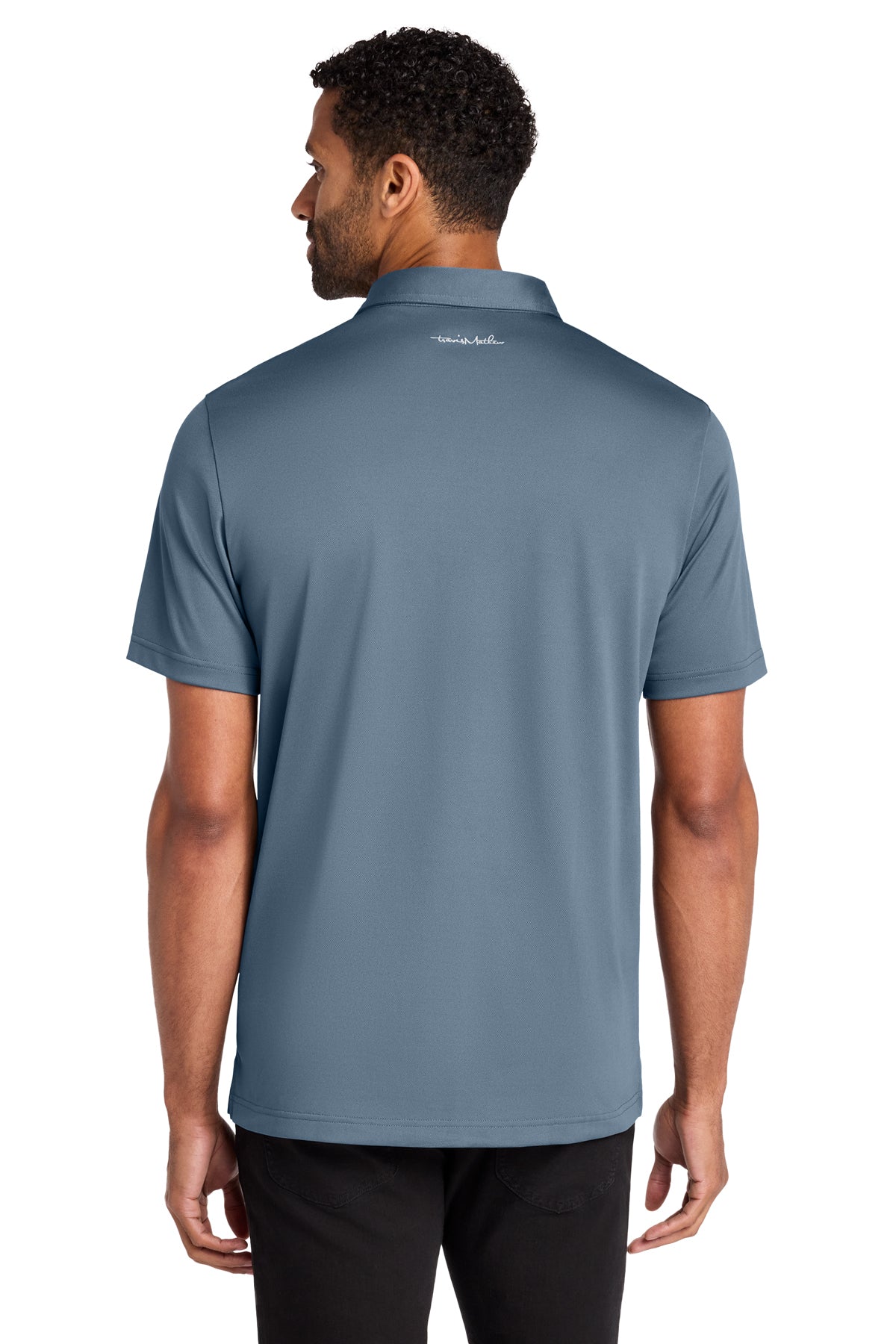 TravisMathew Cabana Solid Polo in Light Denim Blue, back on model