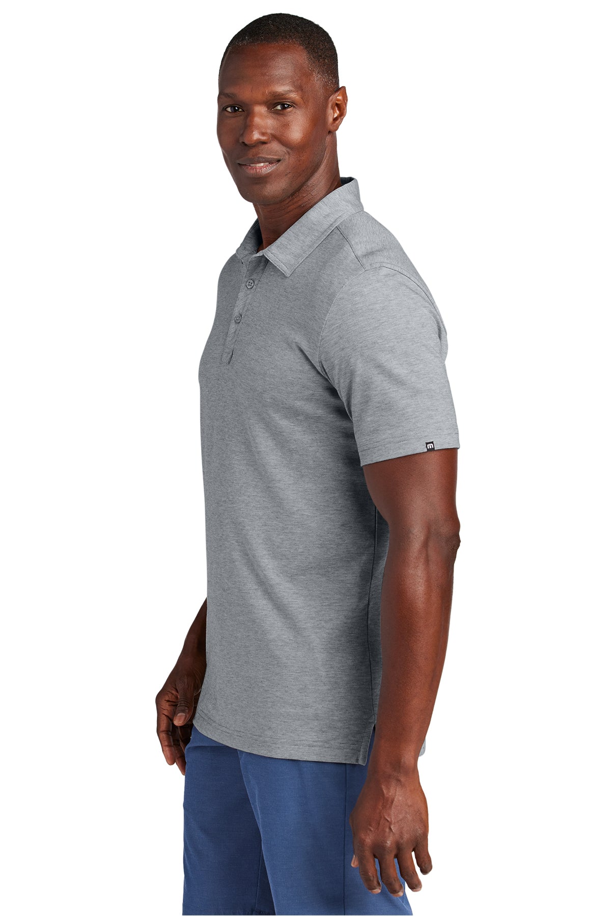 TravisMathew Sunnyvale Polo in Light Grey Heather, side on model