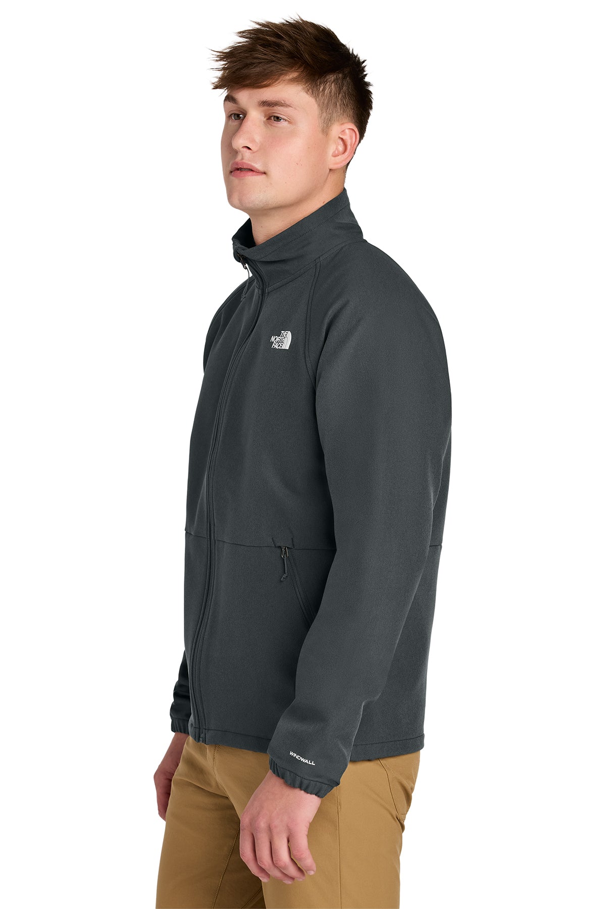 The North Face Barr Lake Soft Shell Jacket in Asphalt Grey Dark Heather, side on model