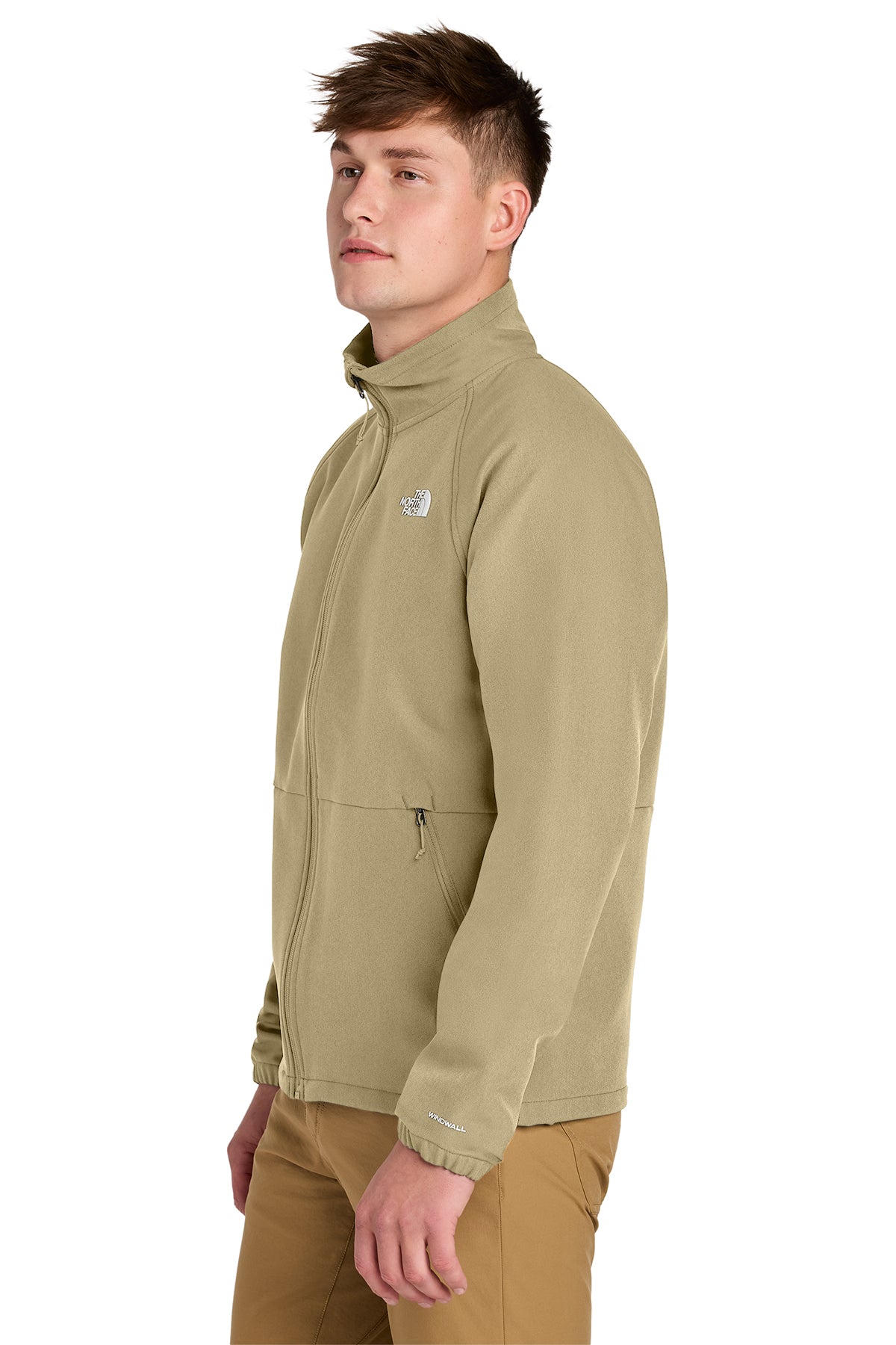 The North Face Barr Lake Soft Shell Jacket in Khaki Stone Dark Heather, side on model