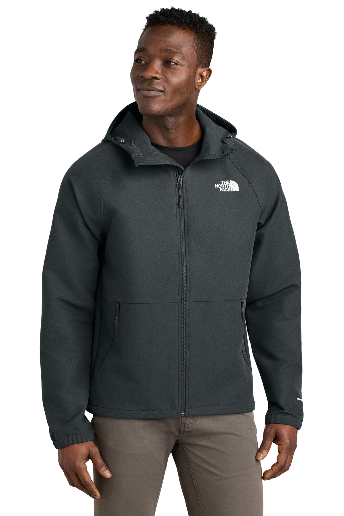The North Face Barr Lake Hooded Soft Shell Jacket in Asphalt Grey Dark Heather, front on model