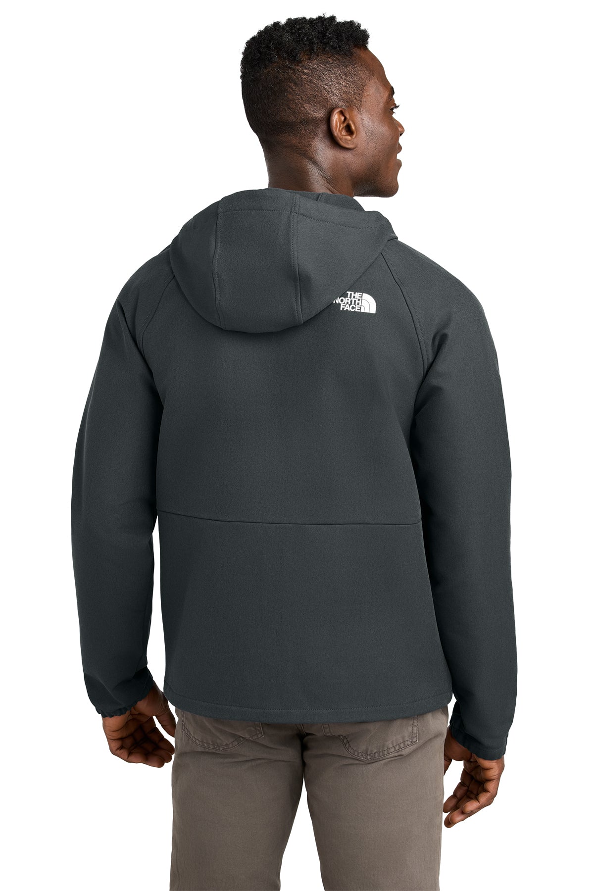 The North Face Barr Lake Hooded Soft Shell Jacket in Asphalt Grey Dark Heather, back on model