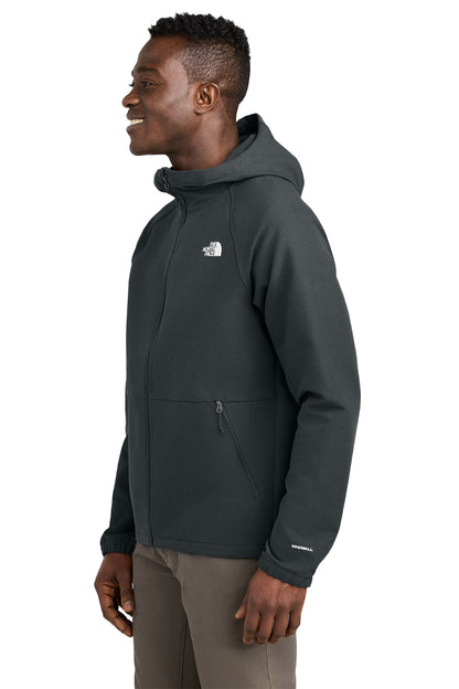 The North Face Barr Lake Hooded Soft Shell Jacket in Asphalt Grey Dark Heather, side on model