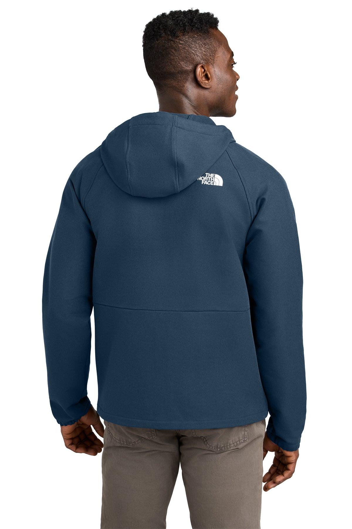 The North Face Barr Lake Hooded Soft Shell Jacket in Shady Blue Dark Heather, back on model