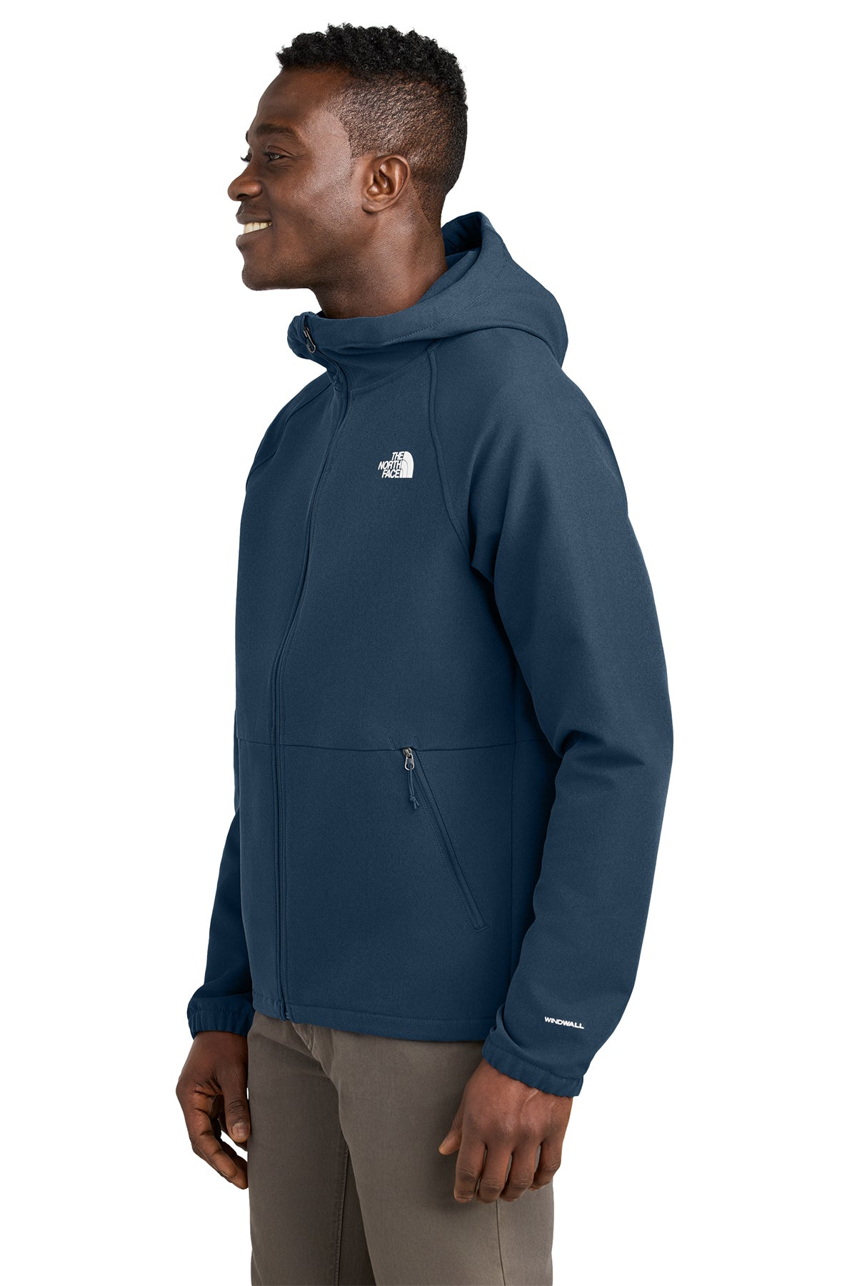 The North Face Barr Lake Hooded Soft Shell Jacket in Shady Blue Dark Heather, side on model