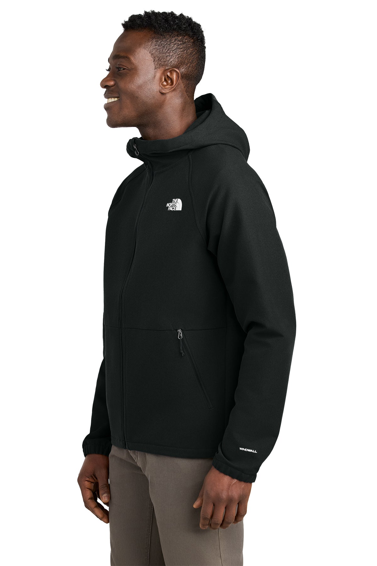 The North Face Barr Lake Hooded Soft Shell Jacket in TNF Black Heather, side on model