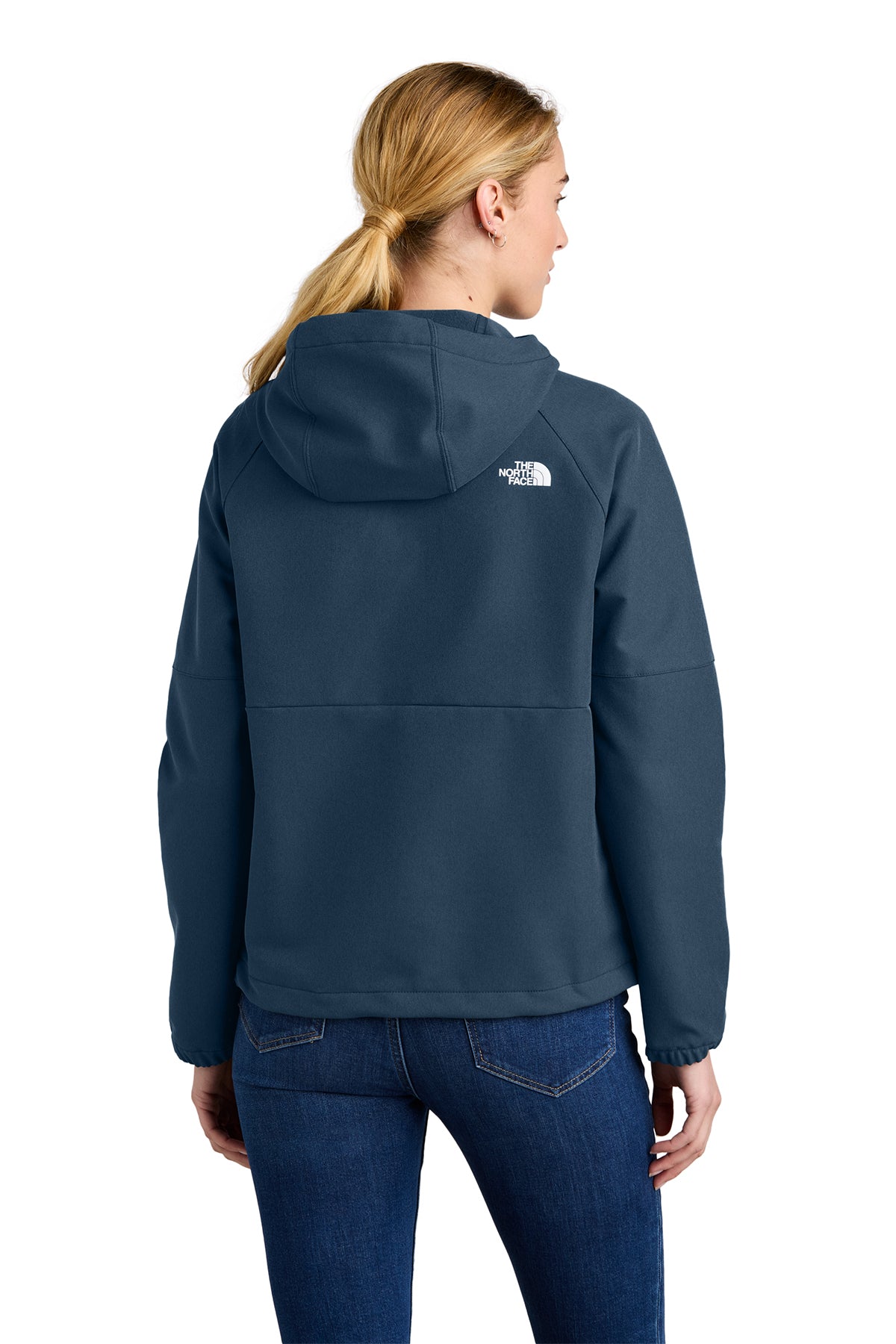 The North Face Women's Barr Lake Hooded Soft Shell Jacket in Shady Blue Dark Heather, back on model