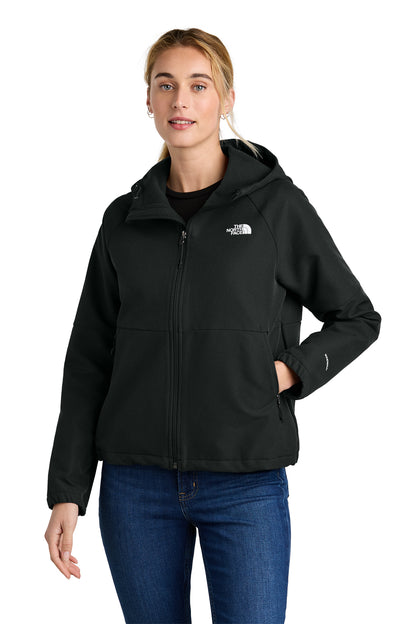 The North Face Women's Barr Lake Hooded Soft Shell Jacket in TNF Black Heather, front on model