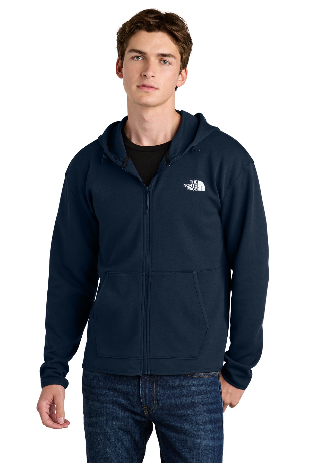The North Face Double-Knit Full-Zip Hoodie in Summit Navy, front on model