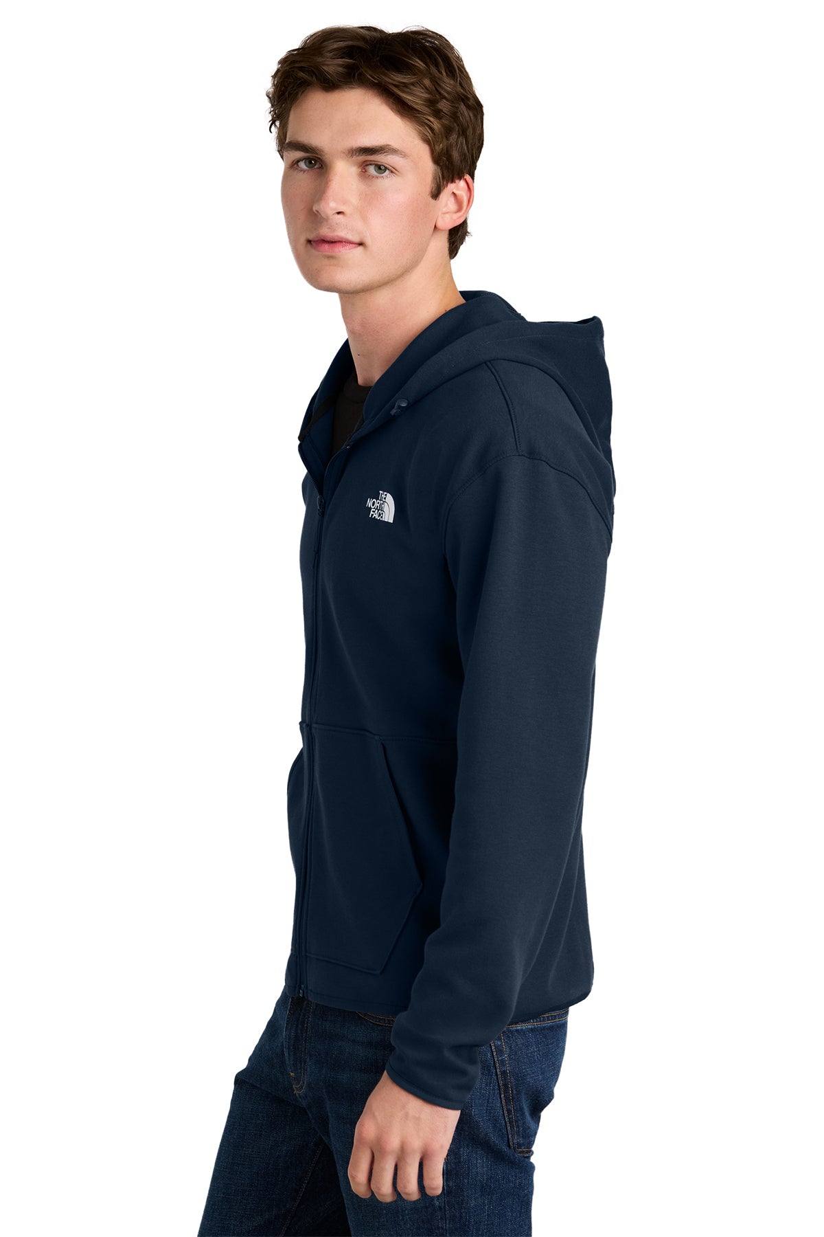 The North Face Double-Knit Full-Zip Hoodie in Summit Navy, side on model