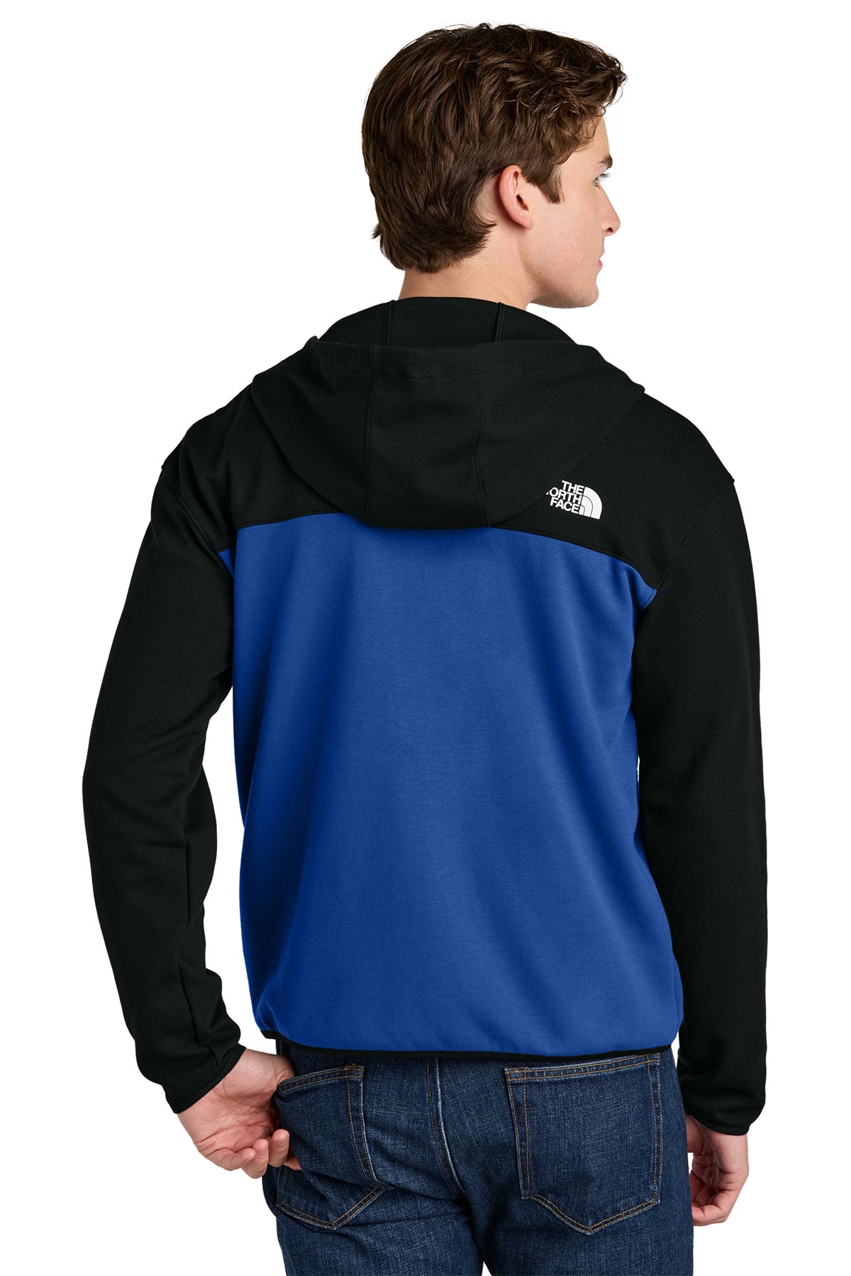 The North Face Double-Knit Full-Zip Hoodie in TNF Blue/ TNF Black, back on model