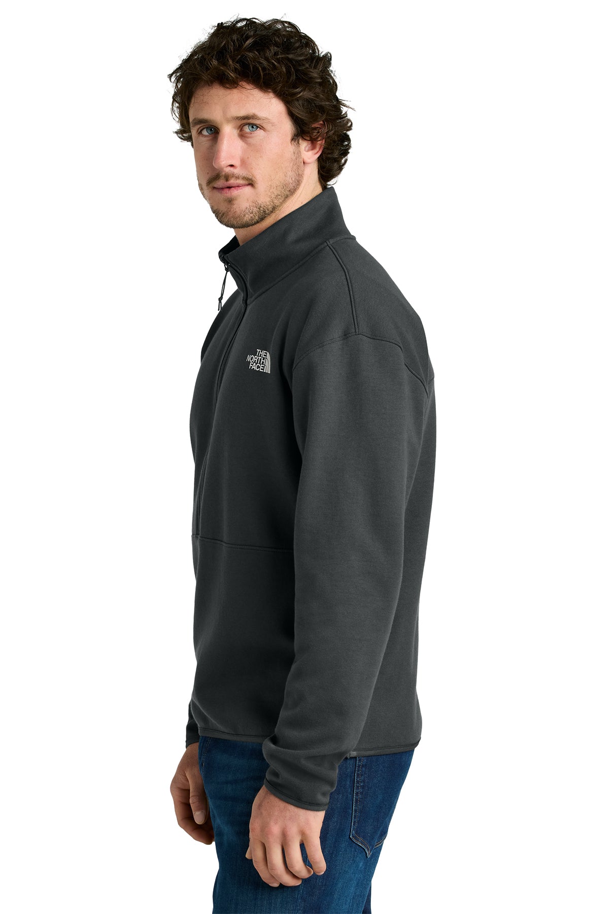 The North Face Double-Knit 1/2-Zip Fleece in Asphalt Grey, side on model