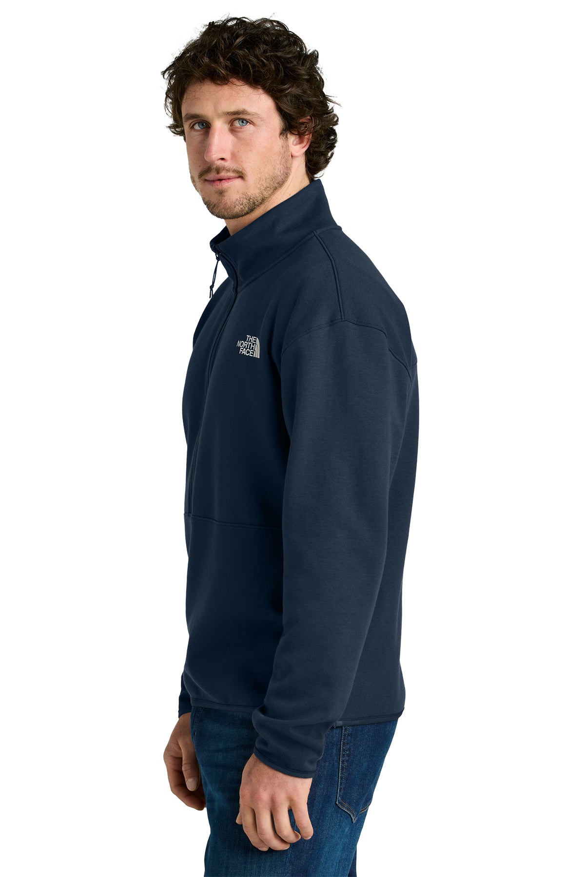 The North Face Double-Knit 1/2-Zip Fleece in Summit Navy, side on model
