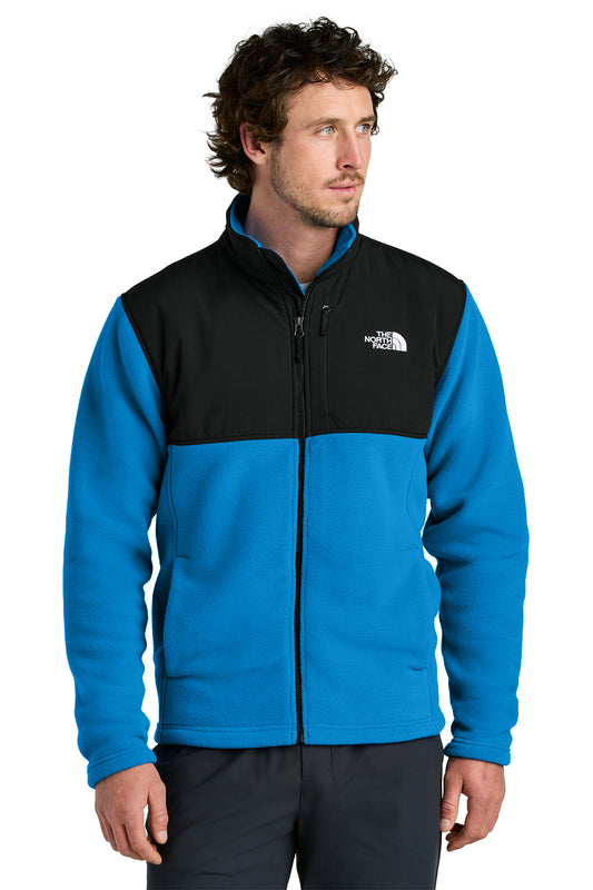 The North Face Highest Peak Full-Zip Fleece Jacket in Hero Blue/ TNF Black, front on model