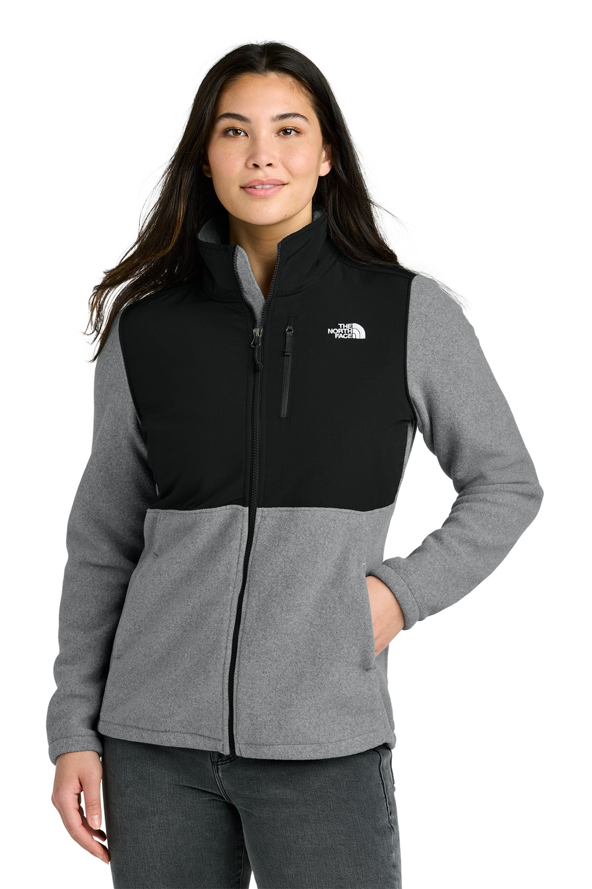 The North Face Women’s Highest Peak Full-Zip Fleece Jacket in TNF Medium Grey Heather/ TNF Black, front on model
