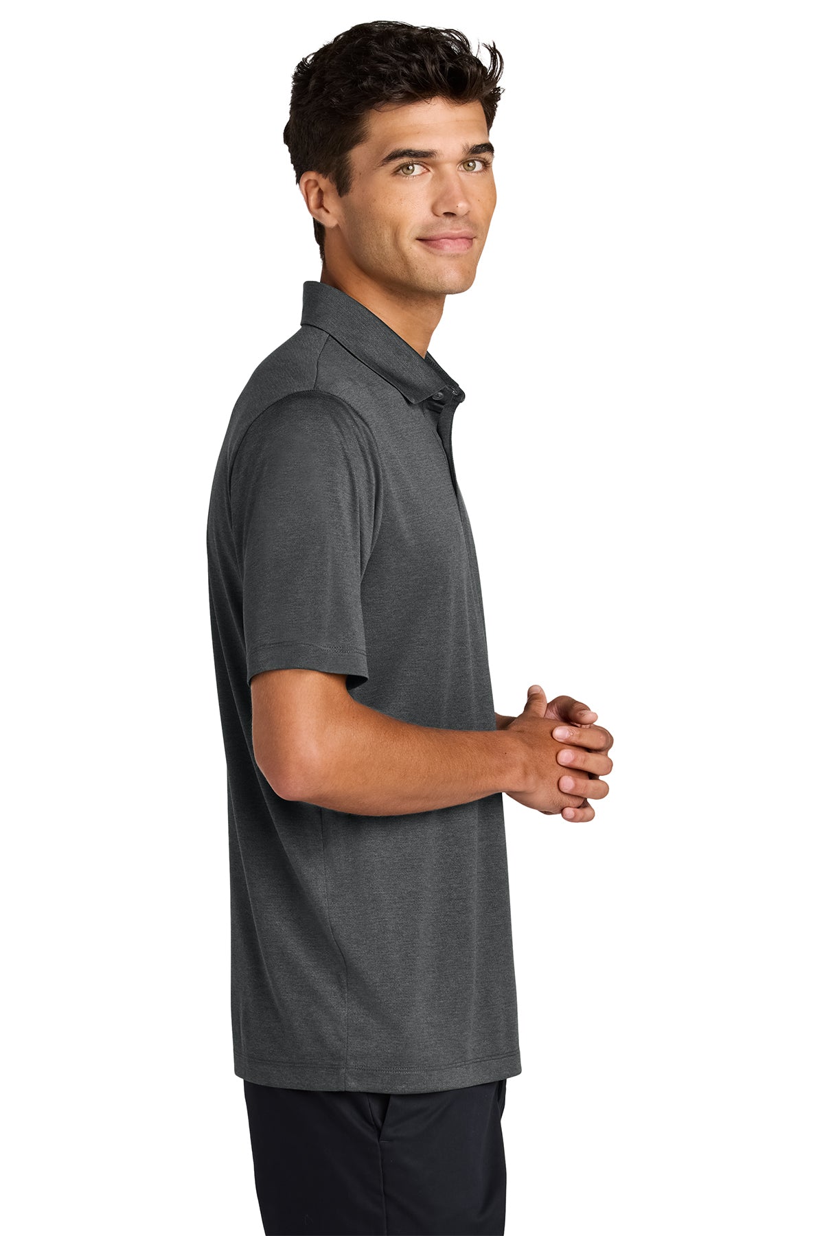 Mercer+Mettle Recharge Jersey Polo in Anchor Grey Heather, side on model