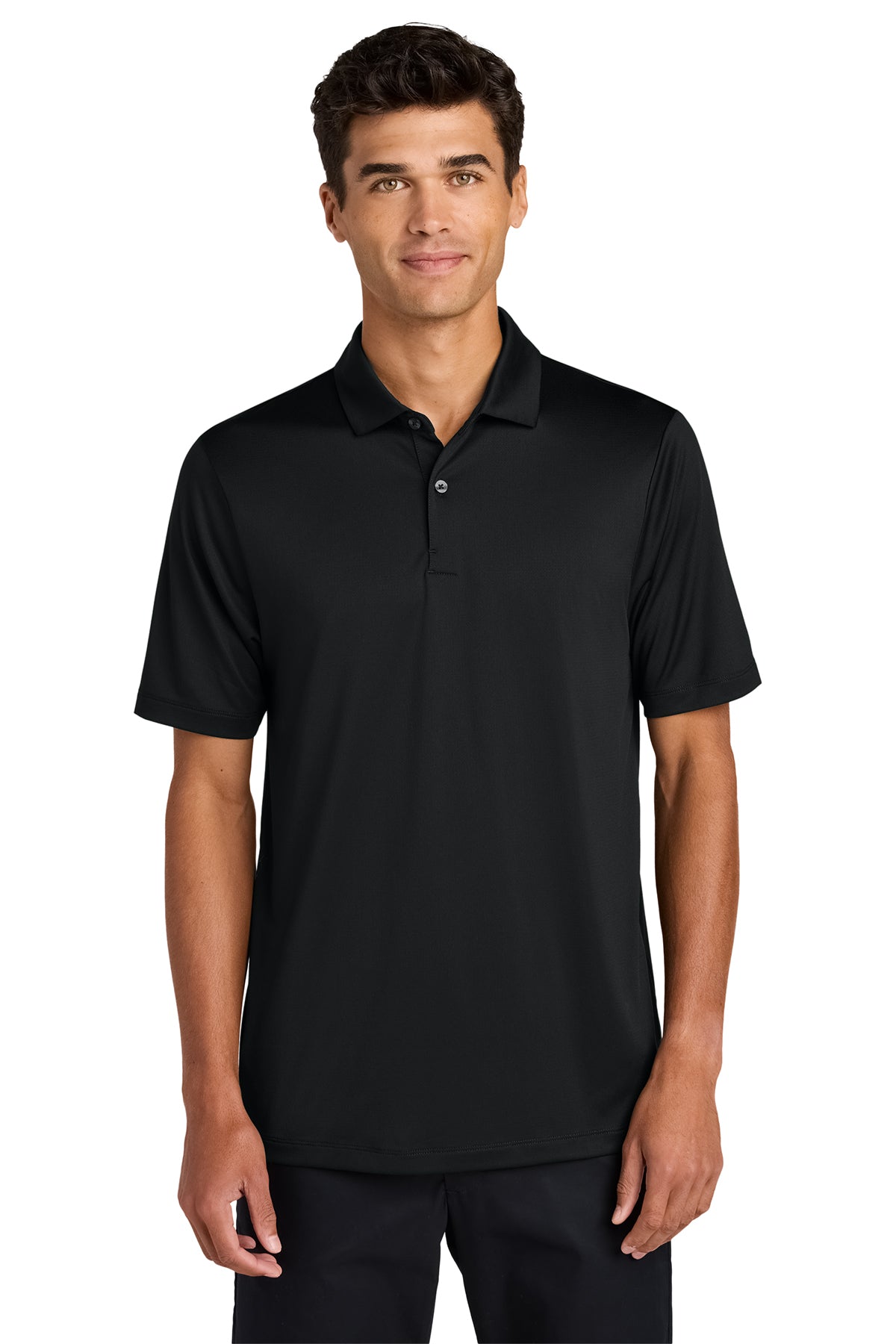 Mercer+Mettle Recharge Jersey Polo in Deep Black, front on model