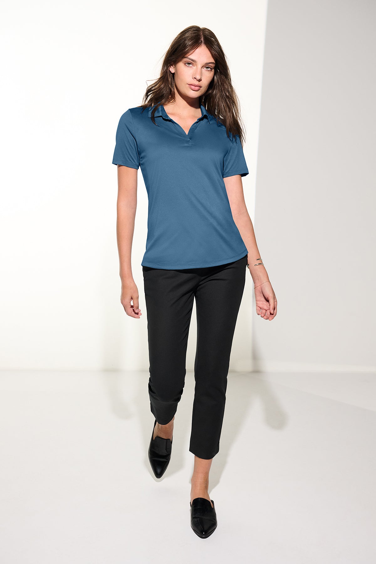 Mercer+Mettle Women’s Recharge Jersey Polo in Sage Heather, view on model