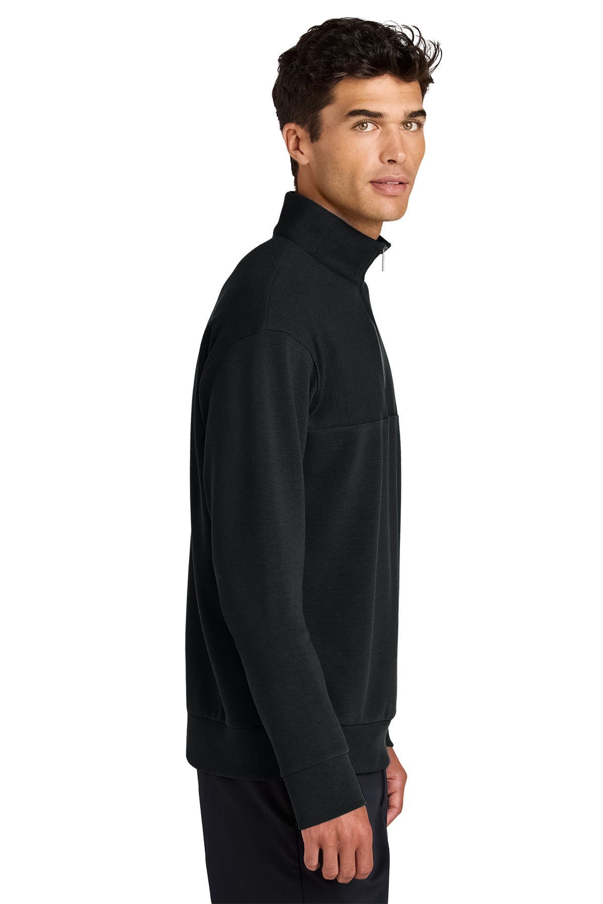 Mercer+Mettle Linear Texture 1/4-Zip in Deep Black, side on model