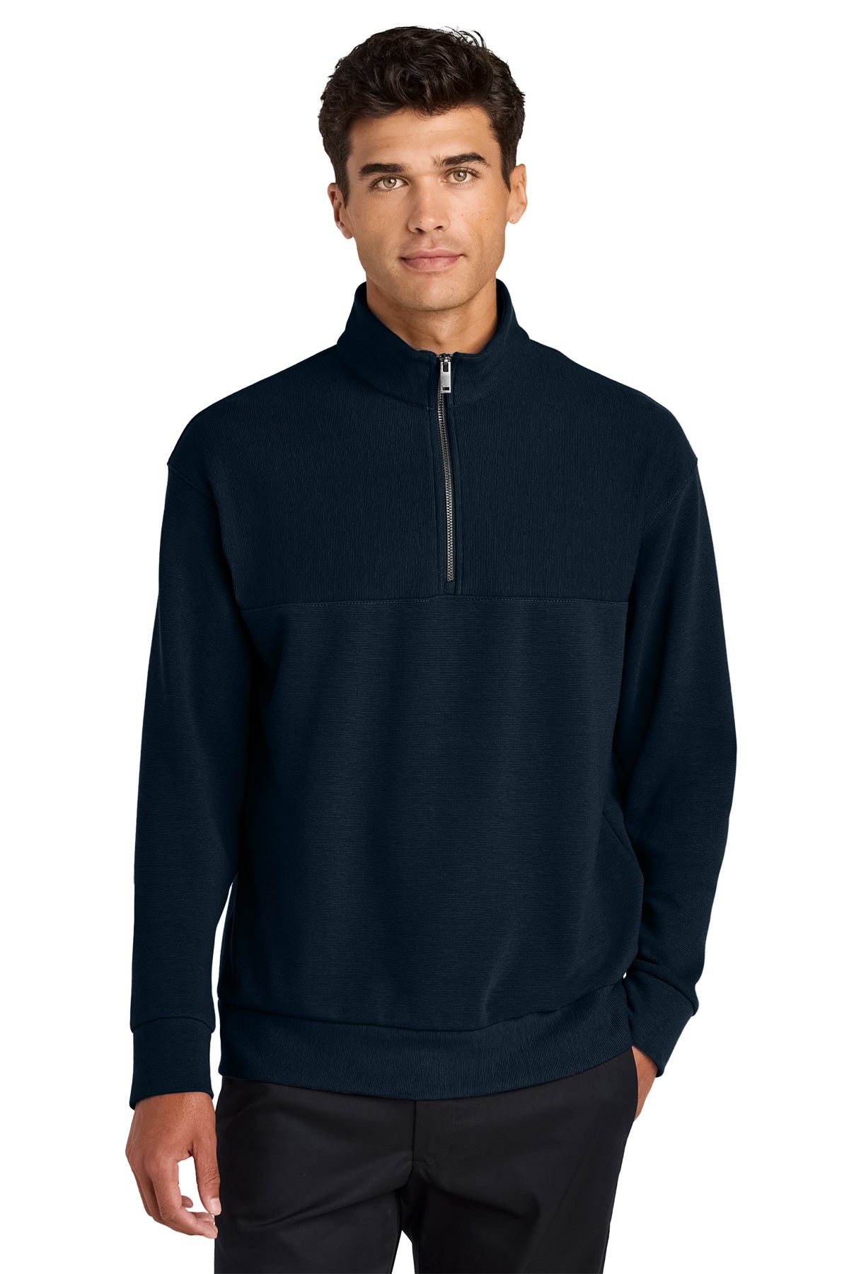 Mercer+Mettle Linear Texture 1/4-Zip in Night Navy, front on model